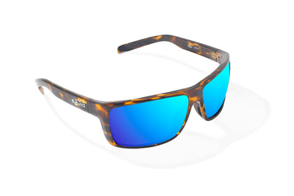 Bajio Sigs Sunglasses - Angled View, Brown Tortoise Gloss Frame with Blue Mirror Lens