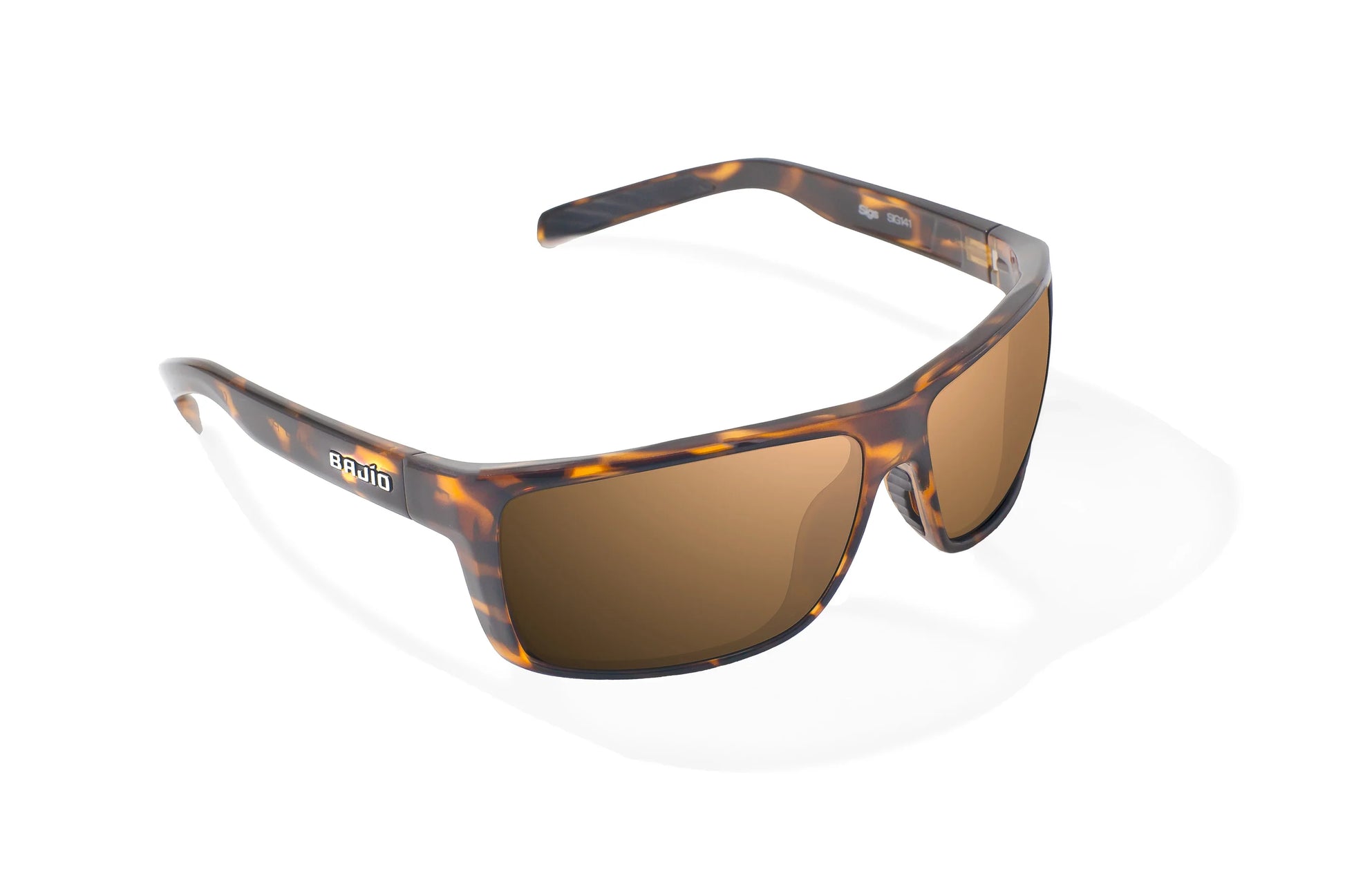 Bajio Sigs Sunglasses - Angled View, Brown Tortoise Gloss Frame with Copper Lens