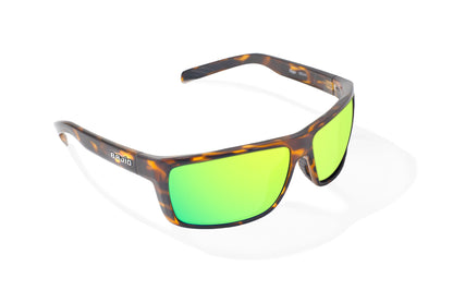Bajio Sigs Sunglasses - Angled View, Brown Tortoise Gloss Frame with Green Mirror Lens