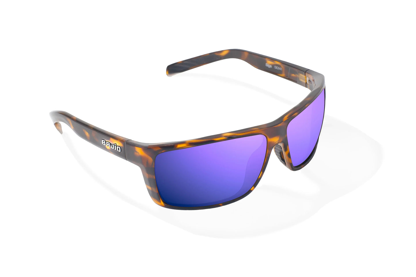 Bajio Sigs Sunglasses - Angled View, Brown Tortoise Gloss Frame with Violet Mirror Lens