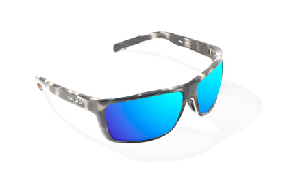 Bajio Sigs Sunglasses - Angled View, Ivory Tortoise Gloss Frame with Blue Mirror Lens