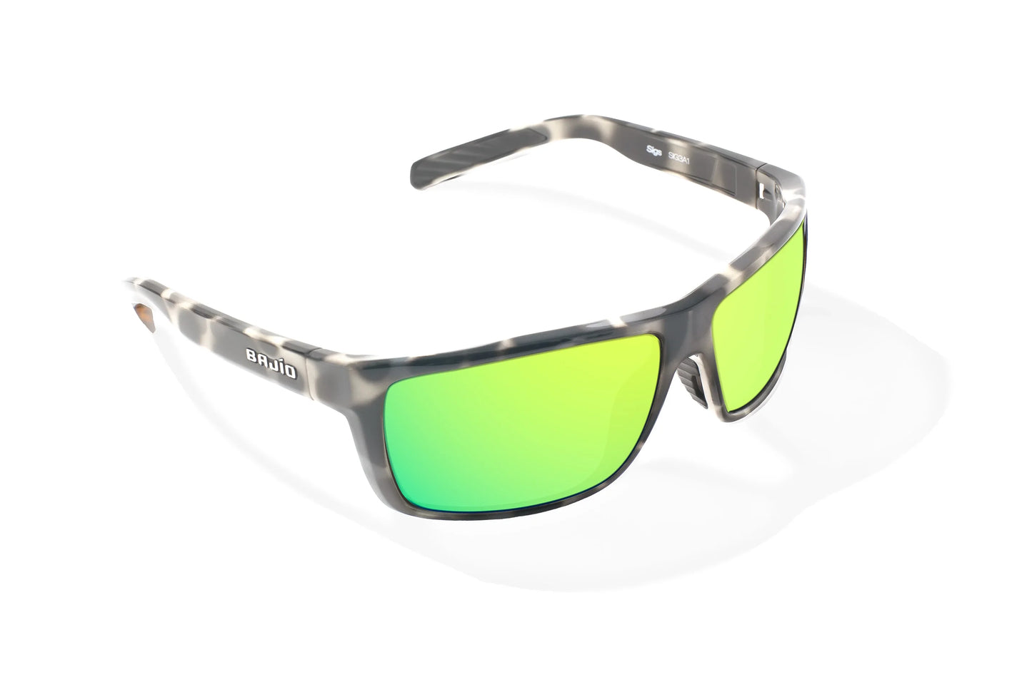 Bajio Sigs Sunglasses - Angled View, Ivory Tortoise Gloss Frame with Green Mirror Lens