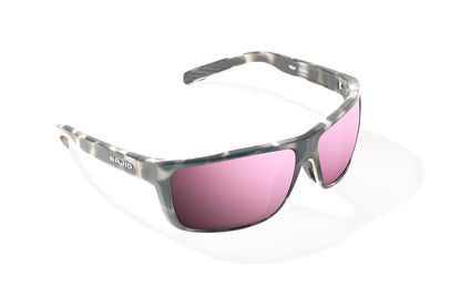 Bajio Sigs Sunglasses - Angled View, Ivory Tortoise Gloss Frame with Rose Mirror Lens