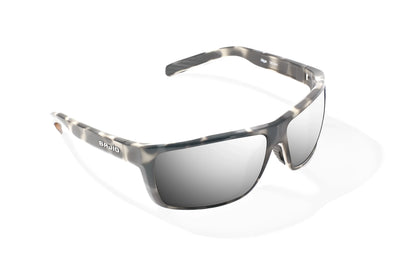 Bajio Sigs Sunglasses - Angled View, Ivory Tortoise Gloss Frame with Silver Mirror Lens
