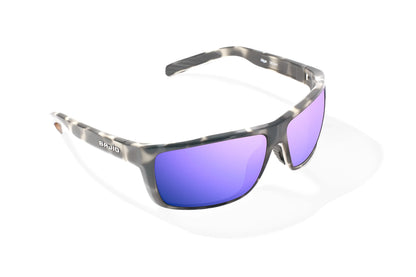 Bajio Sigs Sunglasses - Angled View, Ivory Tortoise Gloss Frame with Violet Mirror Lens