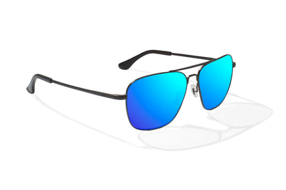 Bajio Snipes Sunglasses - Angled View, Black Matte Frame with Blue Mirror Lens