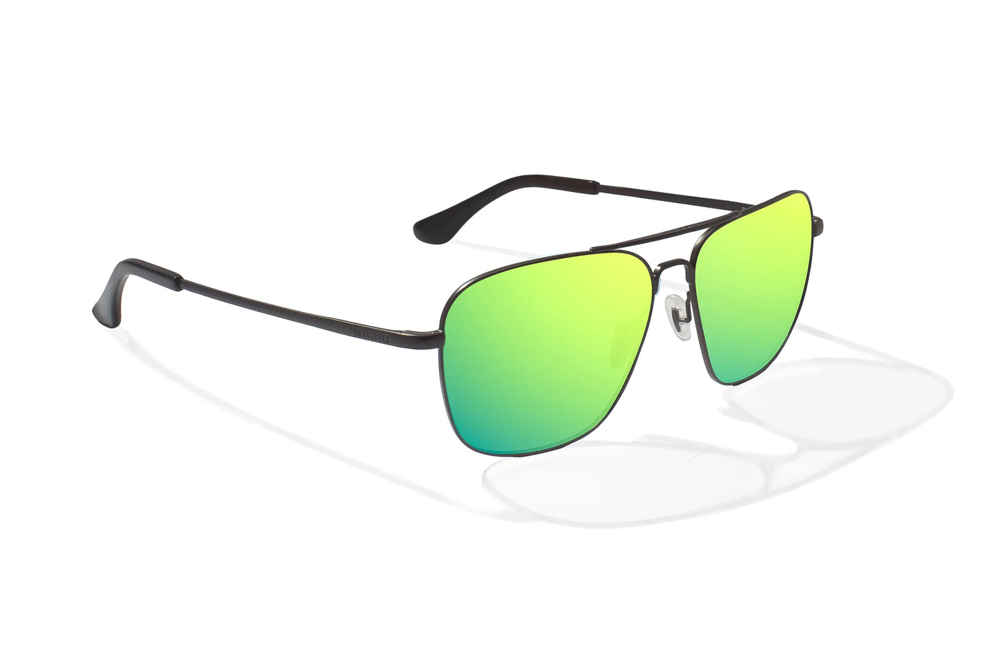 Bajio Snipes Sunglasses - Angled View, Black Matte Frame with Green Mirror Lens
