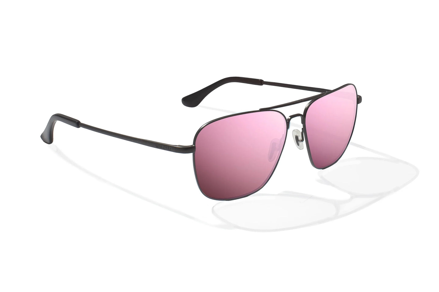 Bajio Snipes Sunglasses - Angled View, Black Matte Frame with Rose Mirror Lens