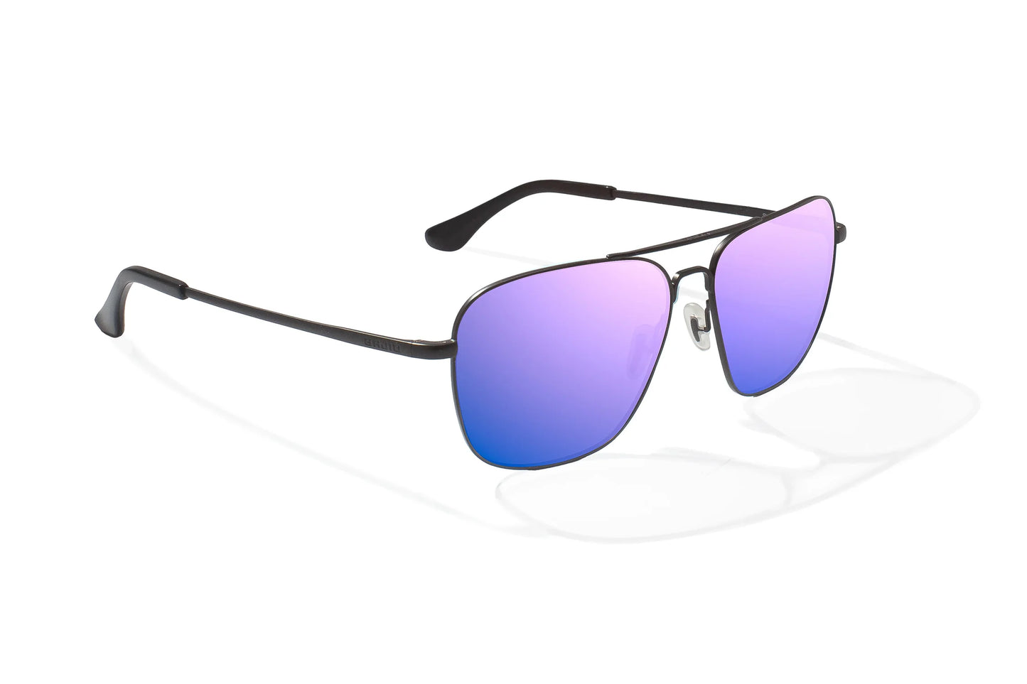 Bajio Snipes Sunglasses - Angled View, Black Matte Frame with Violet Mirror Lens
