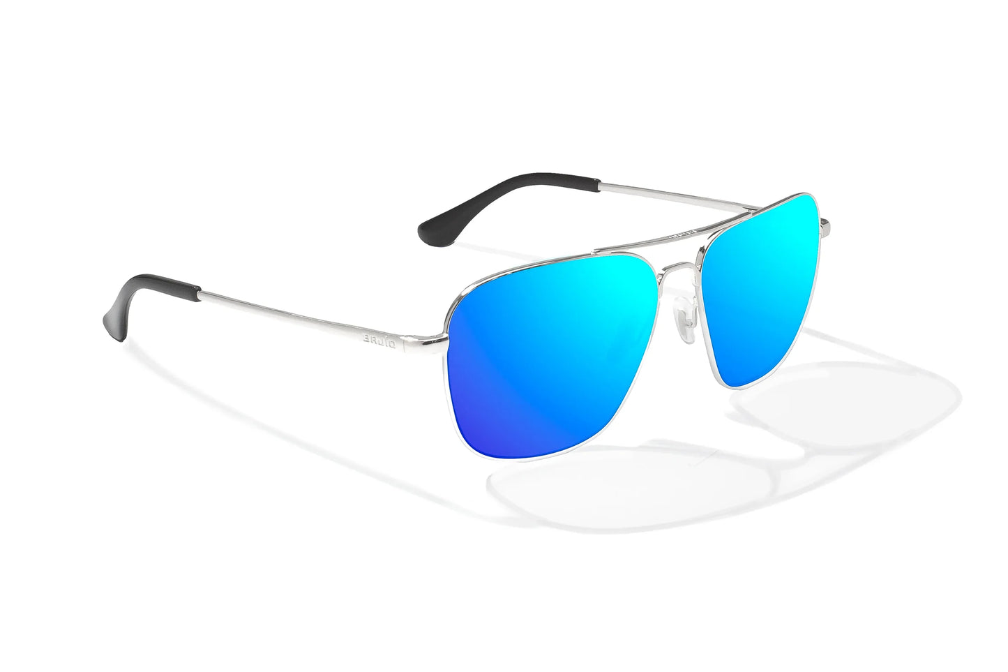 Bajio Snipes Sunglasses - Angled View, Silver Gloss Frame with Blue Mirror Lens