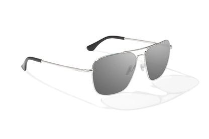 Bajio Snipes Sunglasses - Angled View, Silver Gloss Frame with Gray Lens