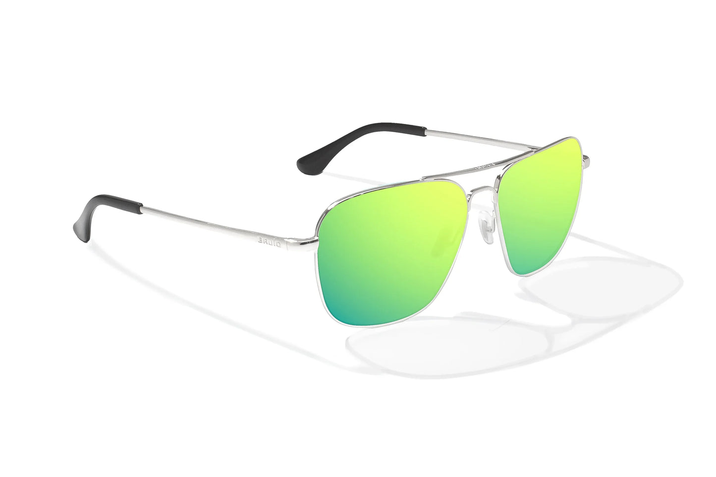 Bajio Snipes Sunglasses - Angled View, Silver Gloss Frame with Green Mirror Lens