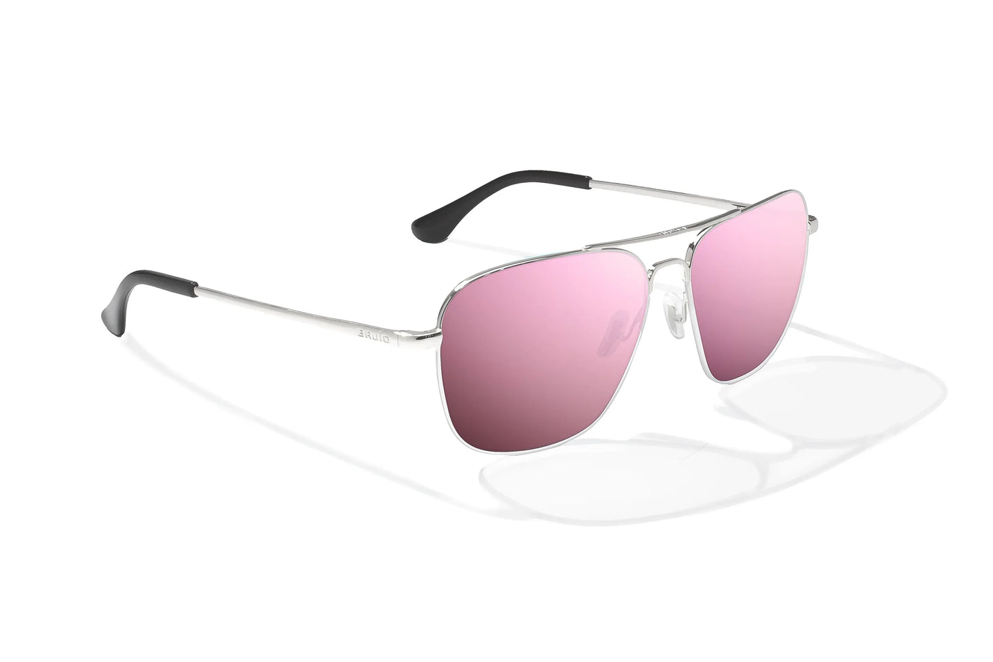Bajio Snipes Sunglasses - Angled View, Silver Gloss Frame with Rose Mirror Lens