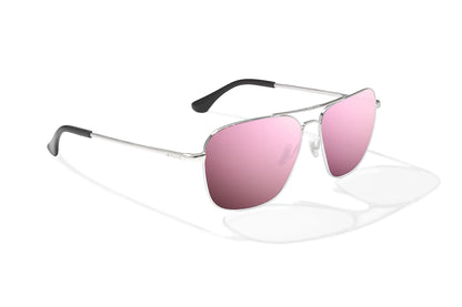 Bajio Snipes Sunglasses - Angled View, Silver Gloss Frame with Rose Mirror Lens