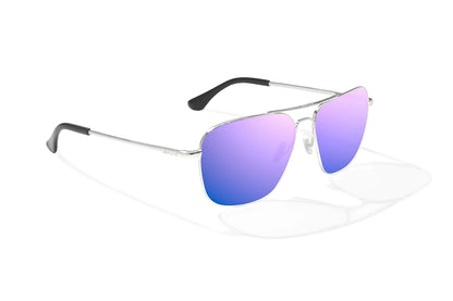 Bajio Snipes Sunglasses - Angled View, Silver Gloss Frame with Violet Mirror Lens