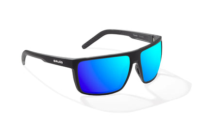 Bajio Toads Sunglasses - Angled View, Black Matte Frame with Blue Mirror Lens