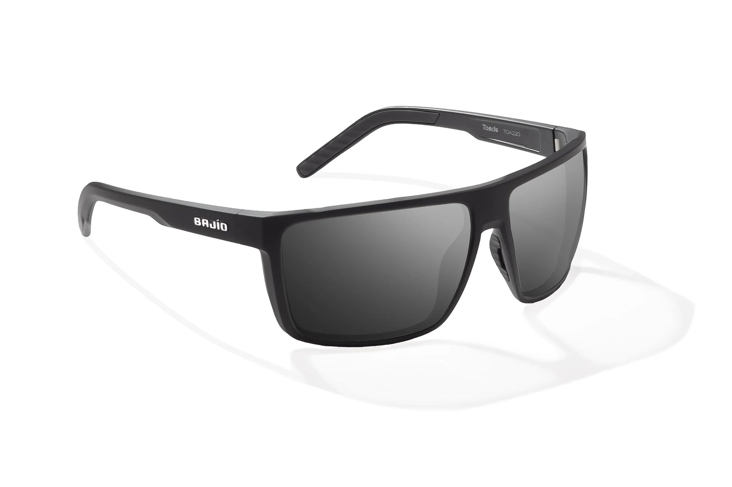 Bajio Toads Sunglasses - Angled View, Black Matte Frame with Gray Lens