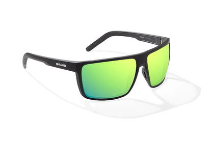 Bajio Toads Sunglasses - Angled View, Black Matte Frame with Green Mirror Lens