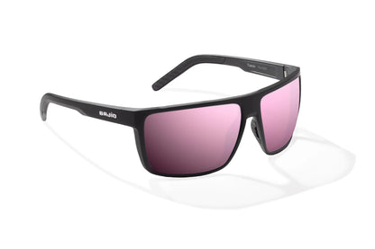 Bajio Toads Sunglasses - Angled View, Black Matte Frame with Rose Mirror Lens