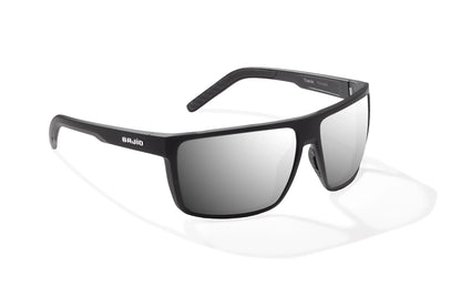Bajio Toads Sunglasses - Angled View, Black Matte Frame with Silver Mirror Lens