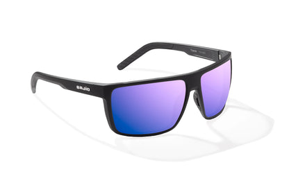 Bajio Toads Sunglasses - Angled View, Black Matte Frame with Violet Mirror Lens