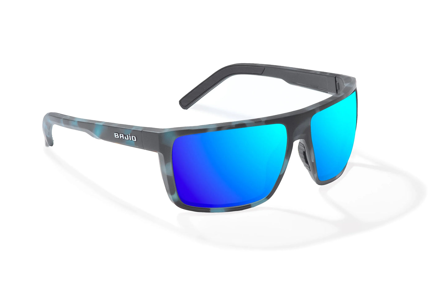 Bajio Toads Sunglasses - Angled View, Blue Water Matte Frame with Blue Mirror Lens