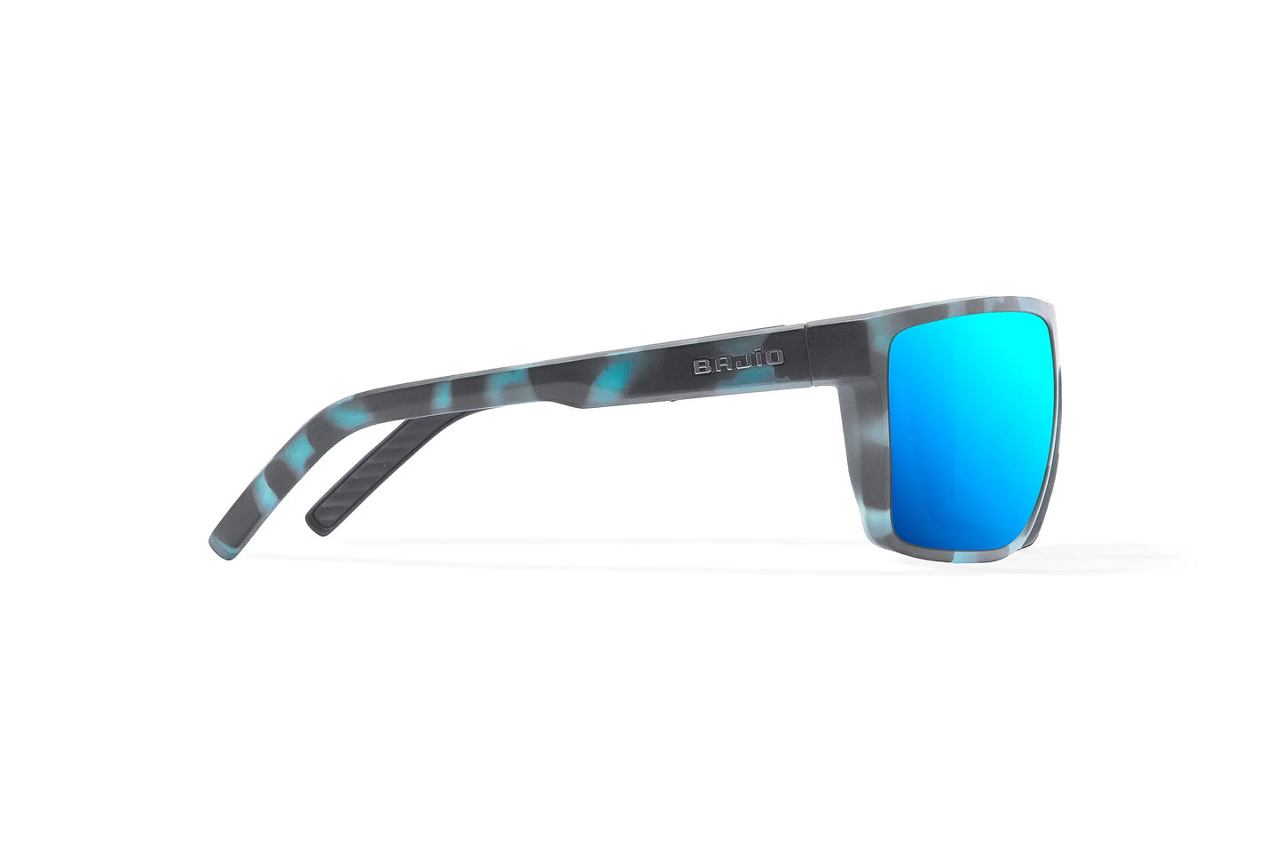 Bajio Toads Sunglasses - Side View, Blue Water Matte Frame with Blue Mirror Lens
