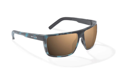 Bajio Toads Sunglasses - Angled View, Blue Water Matte Frame with Copper Lens