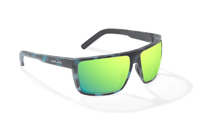 Bajio Toads Sunglasses - Angled View, Blue Water Matte Frame with Green Mirror Lens