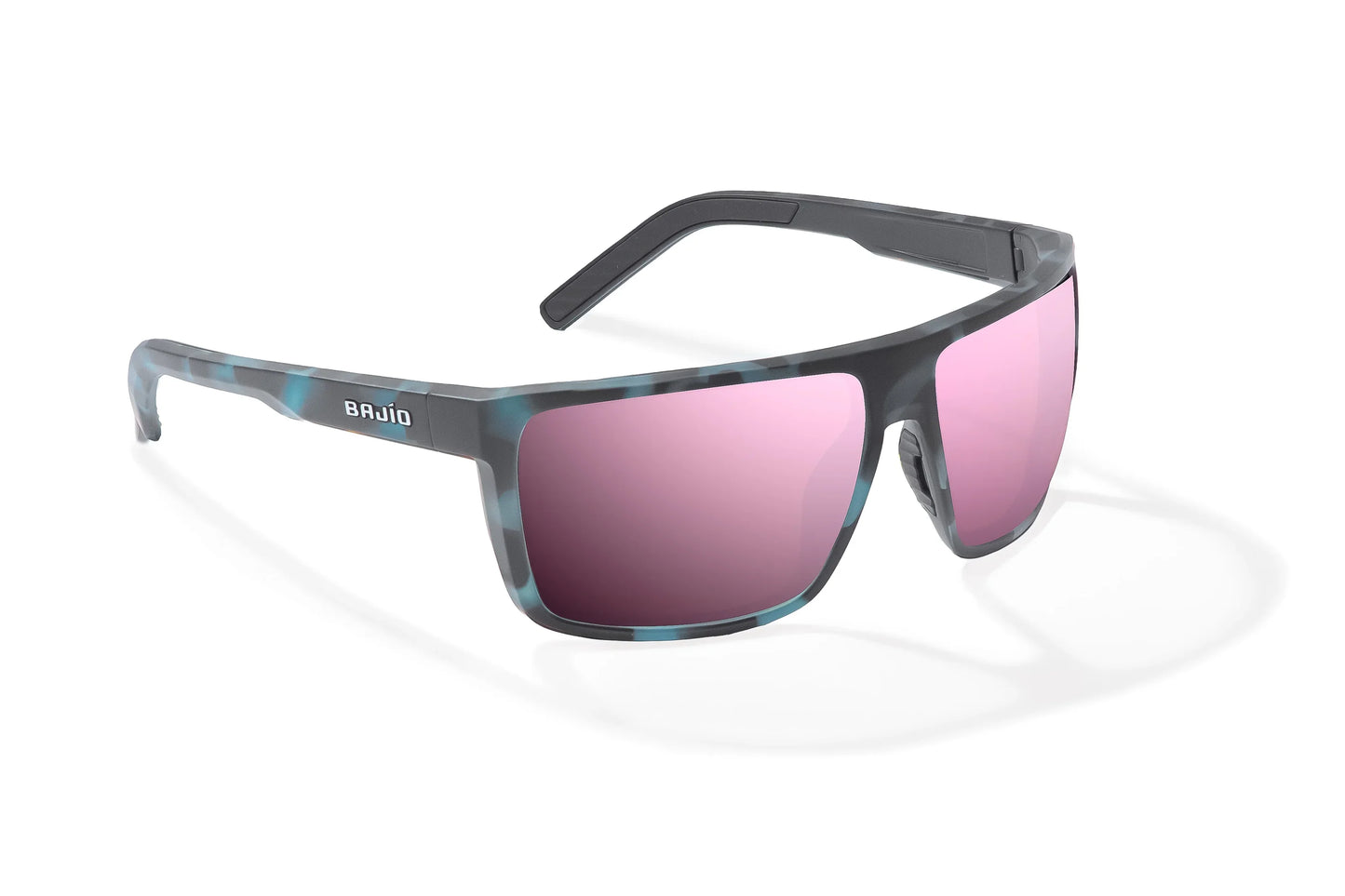 Bajio Toads Sunglasses - Angled View, Blue Water Matte Frame with Rose Mirror Lens