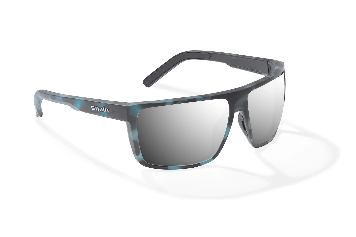 Bajio Toads Sunglasses - Angled View, Blue Water Matte Frame with Silver Mirror Lens