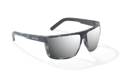 Bajio Toads Sunglasses - Angled View, Blue Water Matte Frame with Silver Mirror Lens