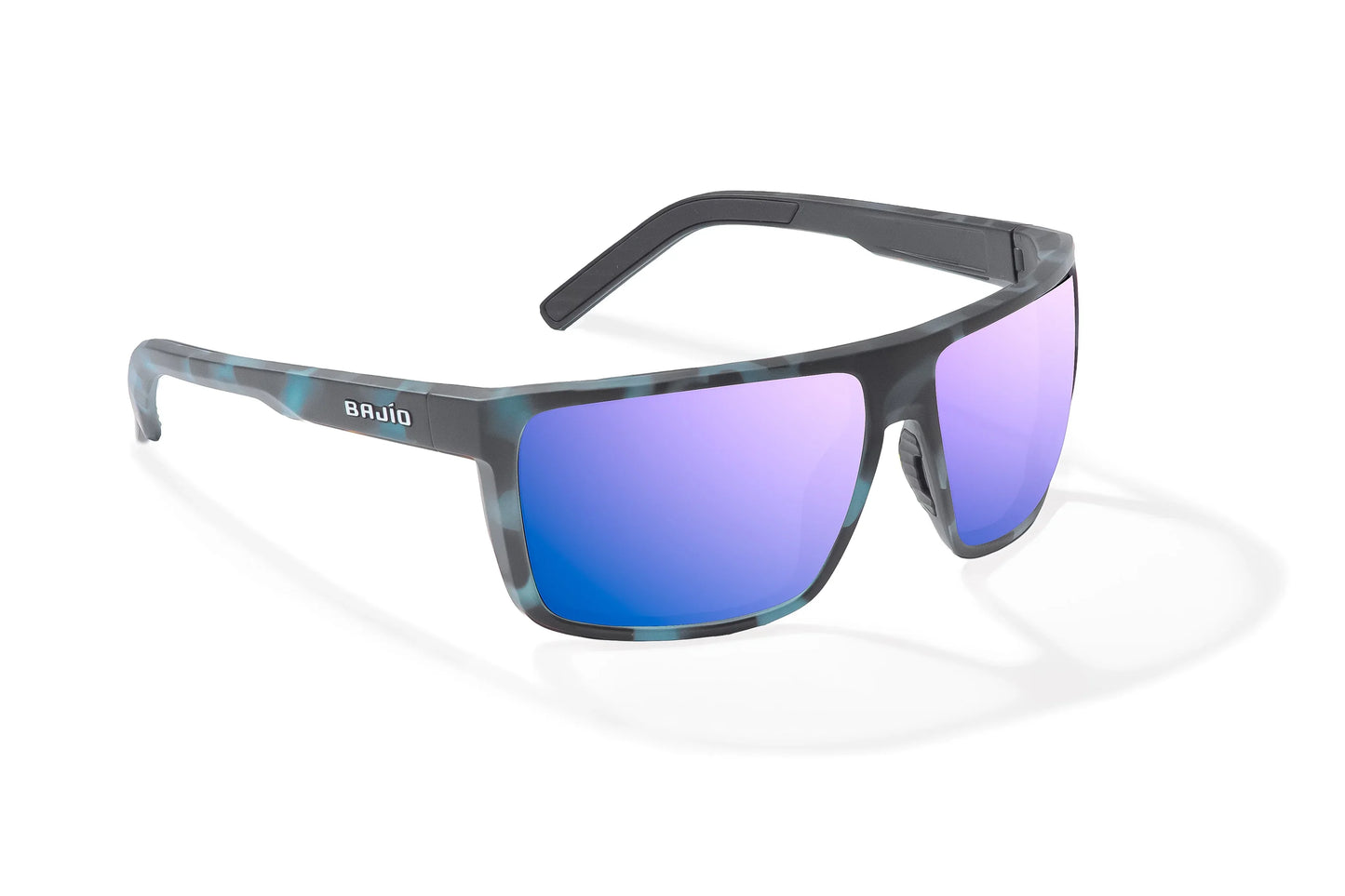 Bajio Toads Sunglasses - Angled View, Blue Water Matte Frame with Violet Mirror Lens