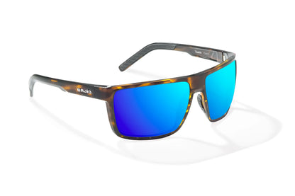 Bajio Toads Sunglasses - Angled View, Brown Tortoise Gloss Frame with Blue Mirror Lens