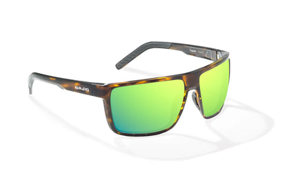 Bajio Toads Sunglasses - Angled View, Brown Tortoise Gloss Frame with Green Mirror Lens