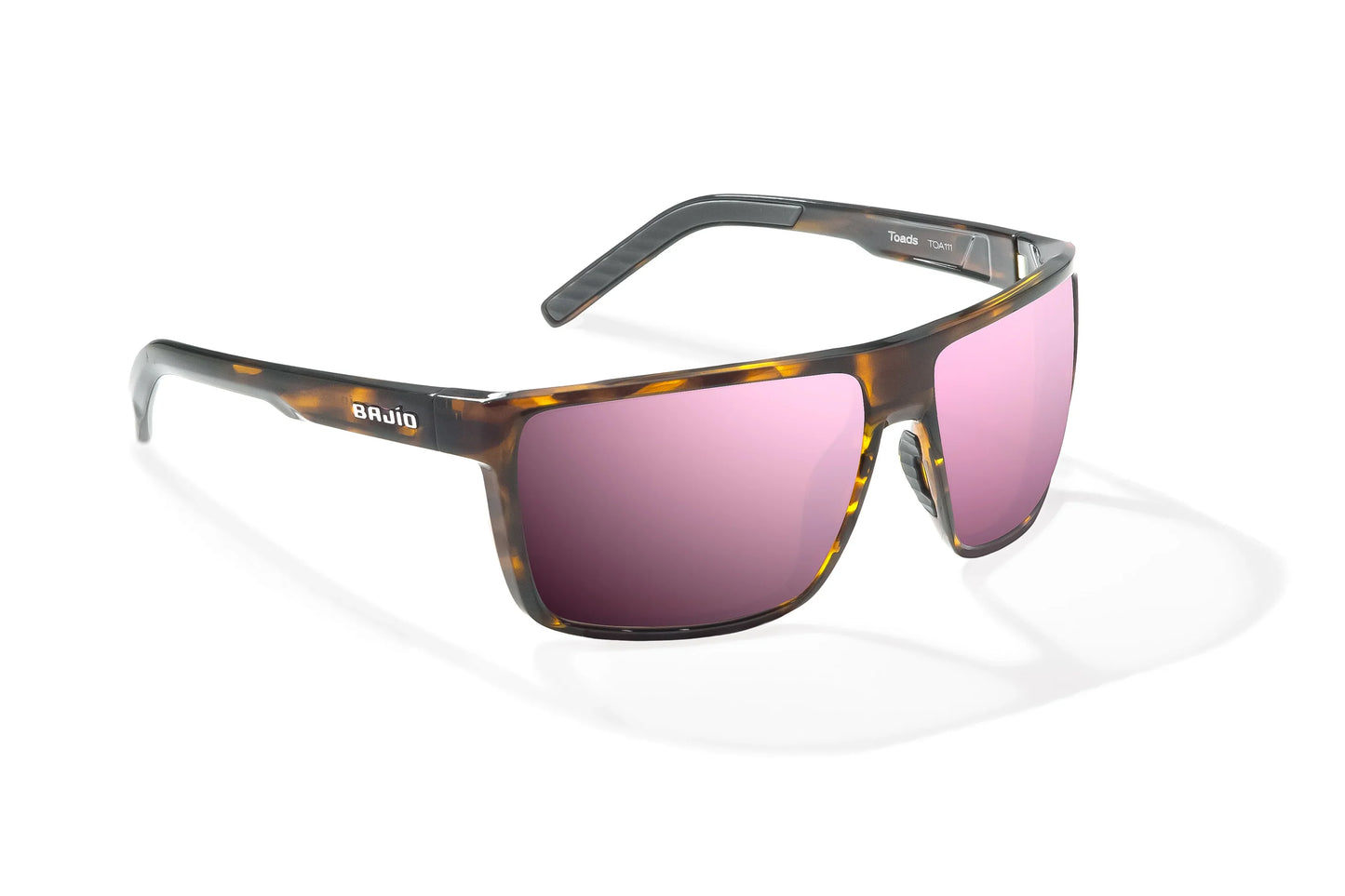 Bajio Toads Sunglasses - Angled View, Brown Tortoise Gloss Frame with Rose Mirror Lens