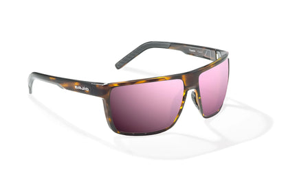Bajio Toads Sunglasses - Angled View, Brown Tortoise Gloss Frame with Rose Mirror Lens