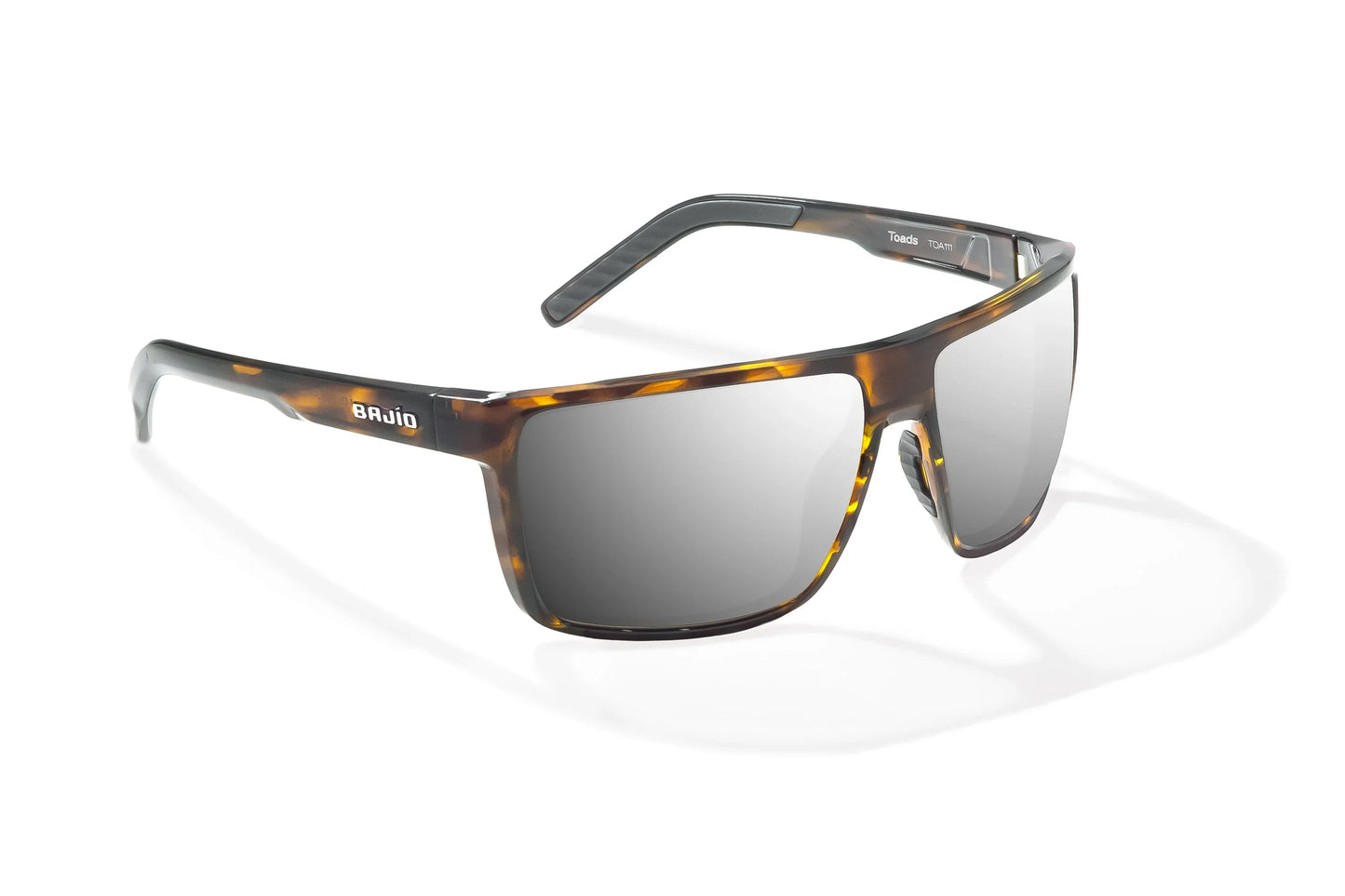 Bajio Toads Sunglasses - Angled View, Brown Tortoise Gloss Frame with Silver Mirror Lens