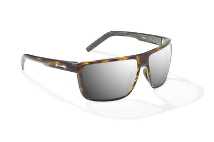 Bajio Toads Sunglasses - Angled View, Brown Tortoise Gloss Frame with Silver Mirror Lens