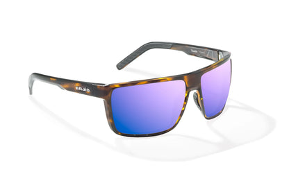 Bajio Toads Sunglasses - Angled View, Brown Tortoise Gloss Frame with Violet Mirror Lens