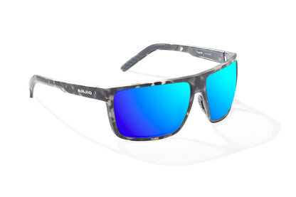 Bajio Toads Sunglasses - Angled View, Gray Rock Matte Frame with Blue Mirror Lens