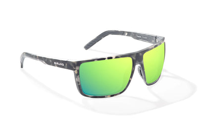 Bajio Toads Sunglasses - Angled View, Gray Rock Matte Frame with Green Mirror Lens