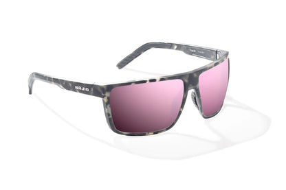 Bajio Toads Sunglasses - Angled View, Gray Rock Matte Frame with Rose Mirror Lens