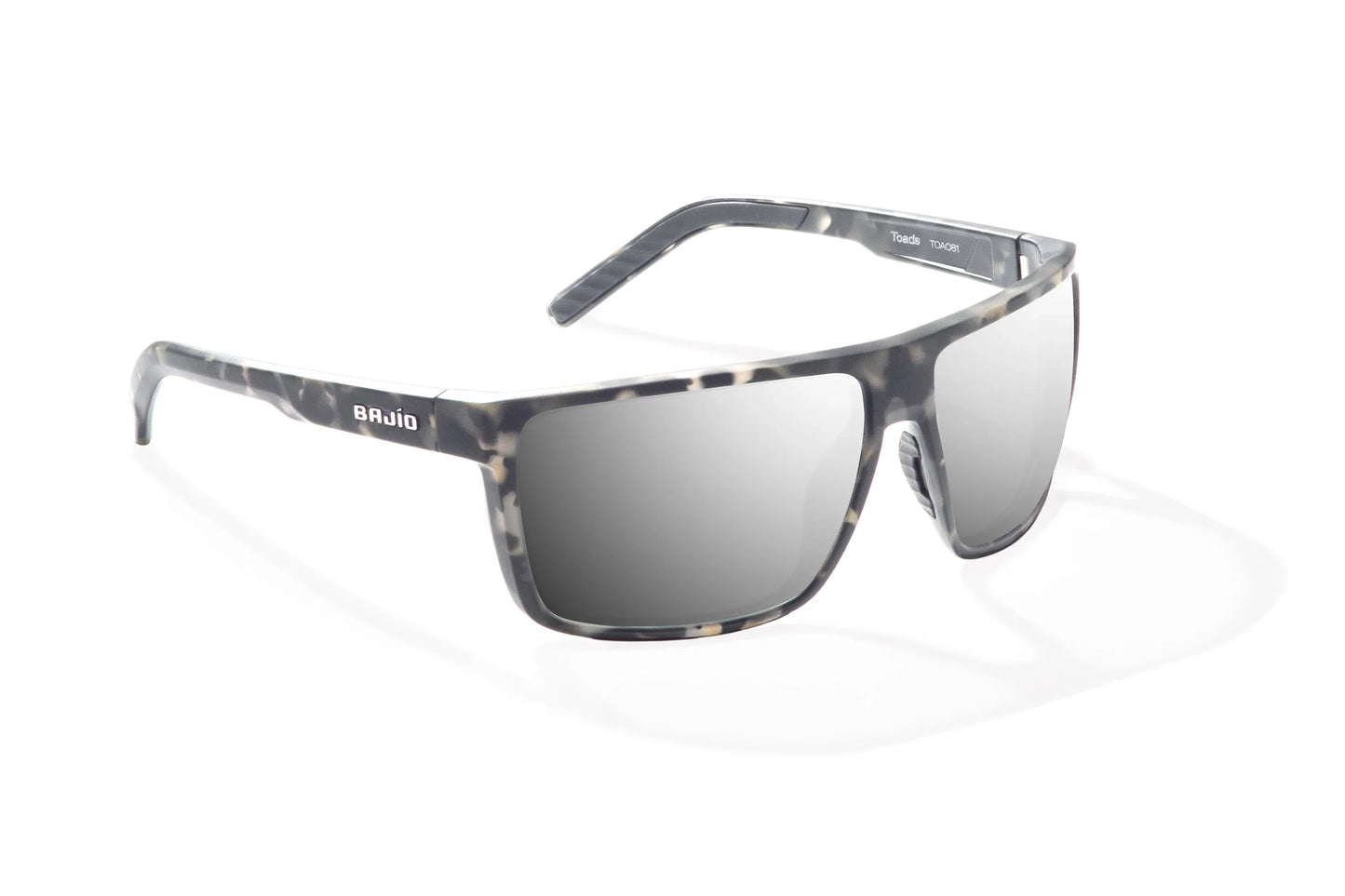 Bajio Toads Sunglasses - Angled View, Gray Rock Matte Frame with Silver Mirror Lens