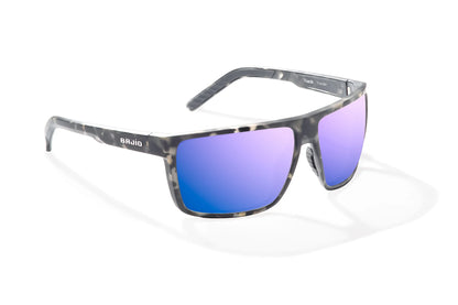 Bajio Toads Sunglasses - Angled View, Gray Rock Matte Frame with Violet Mirror Lens