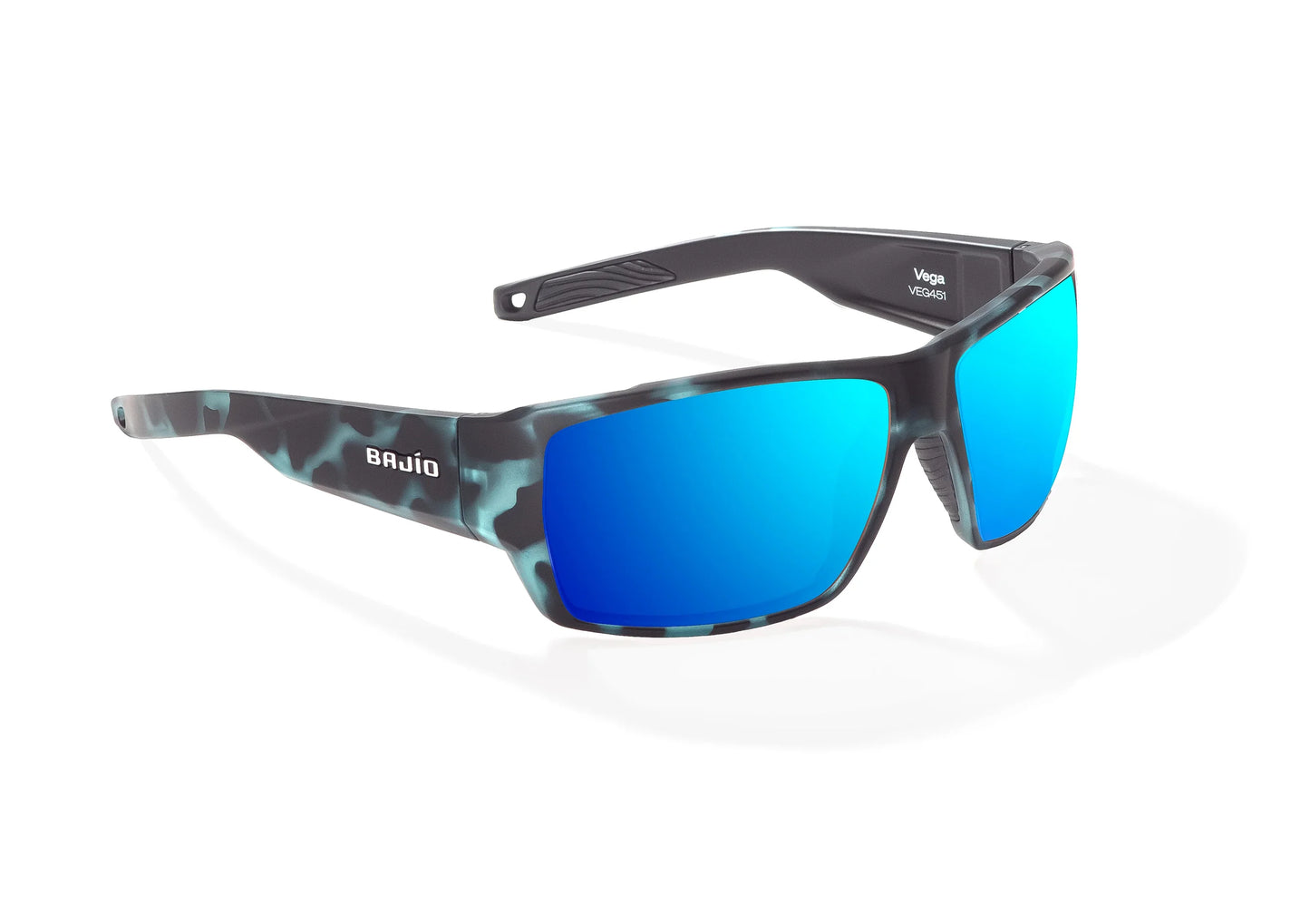 Bajio Vega Sunglasses - Angled View, Blue Water Matte Frame with Blue Mirror Lens