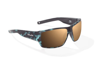 Bajio Vega Sunglasses - Angled View, Blue Water Matte Frame with Copper Lens