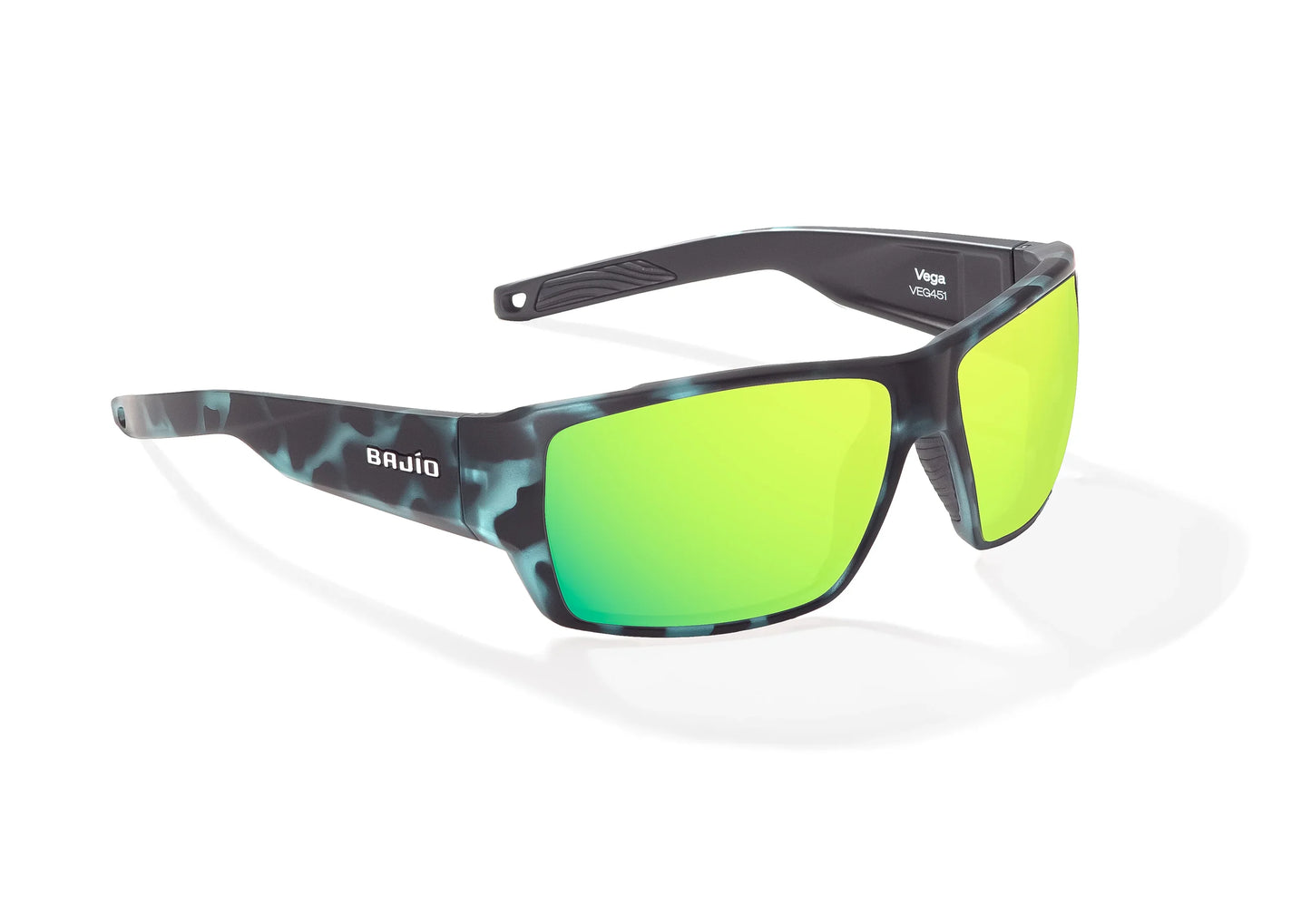 Bajio Vega Sunglasses - Angled View, Blue Water Matte Frame with Green Mirror Lens