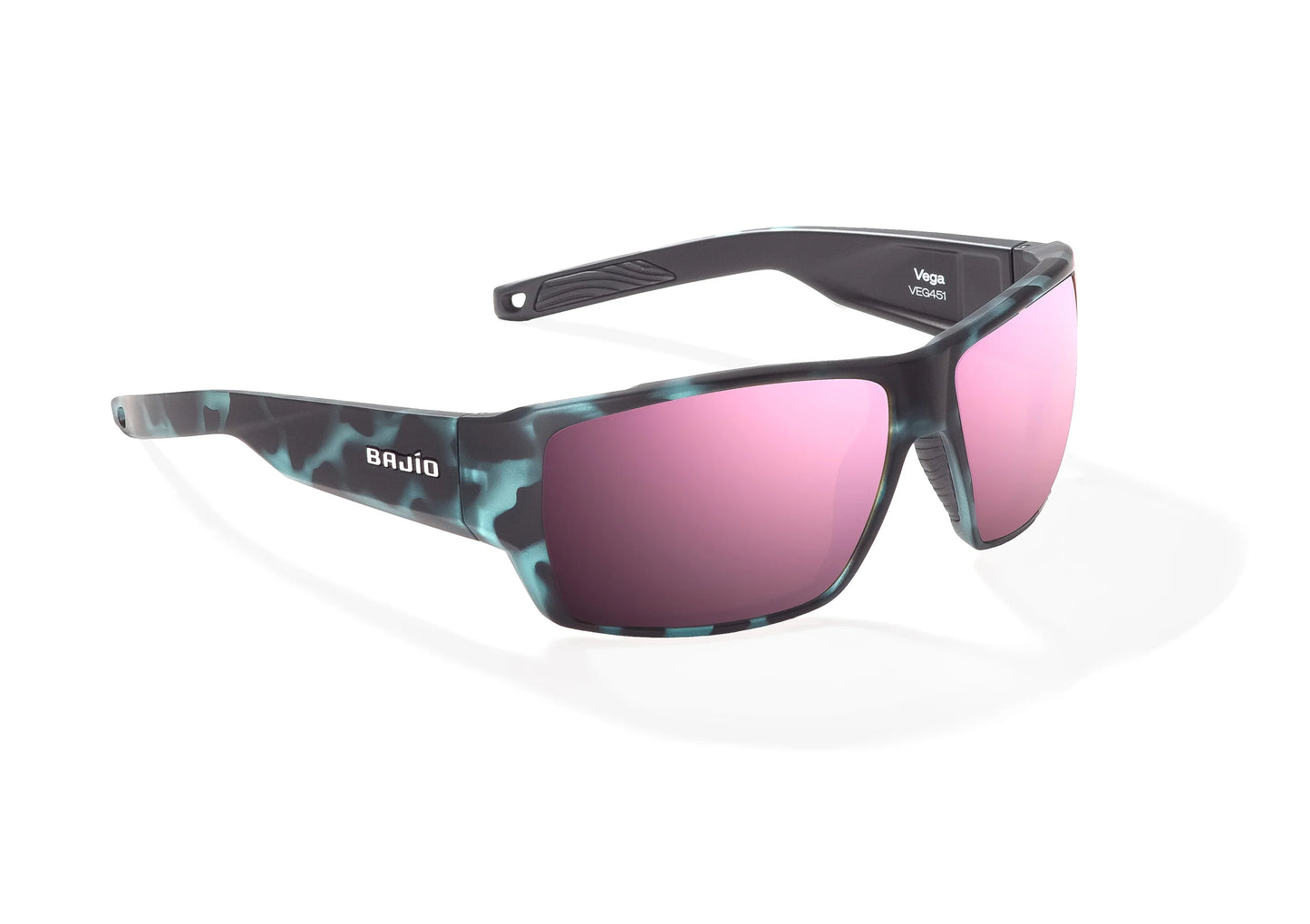Bajio Vega Sunglasses - Angled View, Blue Water Matte Frame with Rose Mirror Lens