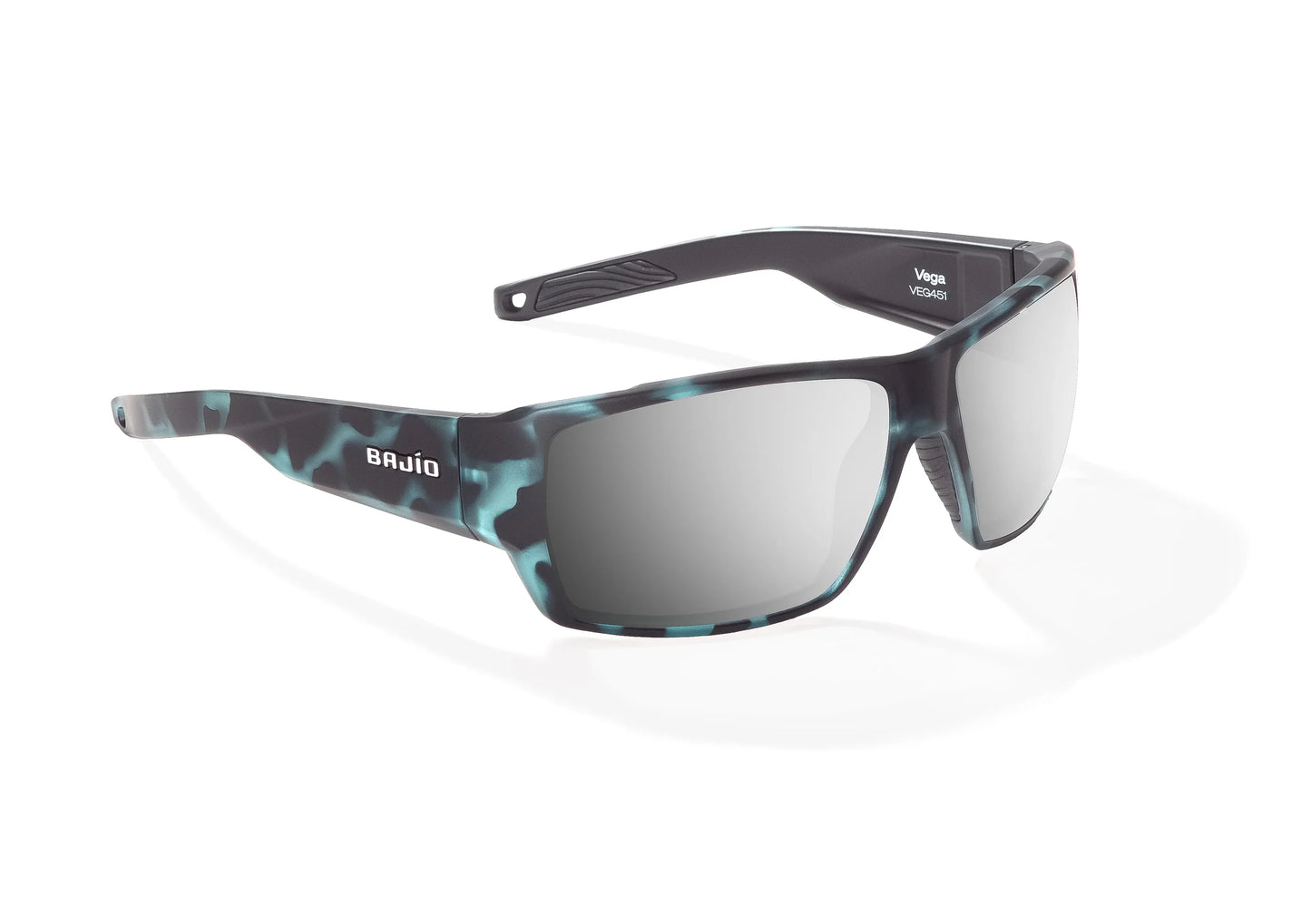 Bajio Vega Sunglasses - Angled View, Blue Water Matte Frame with Silver Mirror Lens